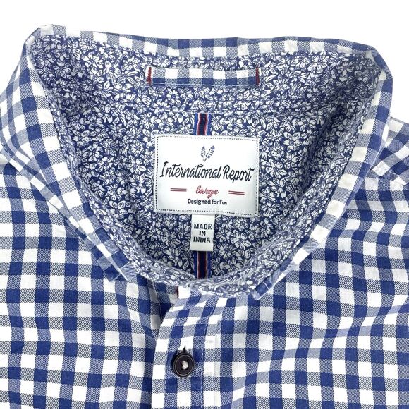 International Report Designed for Fun Blue Gingham Button Shirt Floral Accent L - Picture 2 of 12